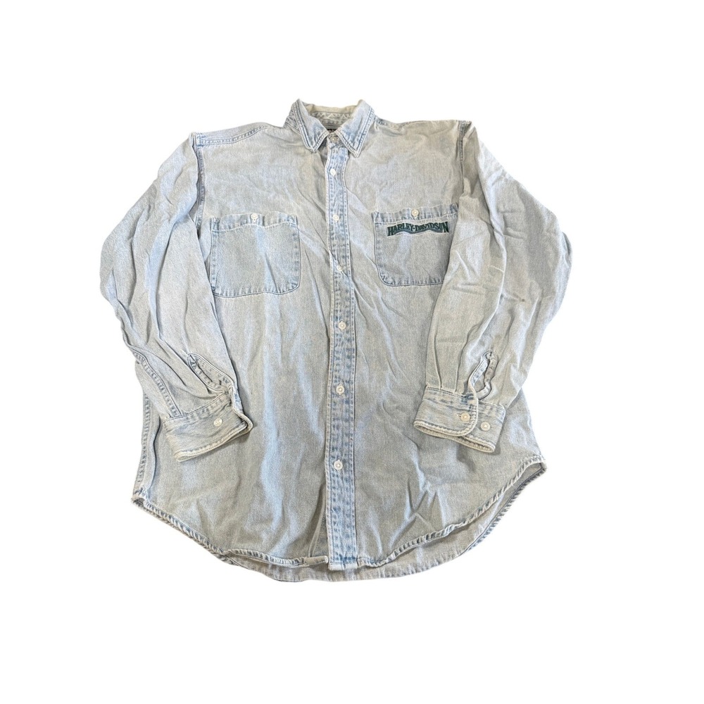Harley Davidson Button Up Denim Chambray Fade Mens Medium Button Down
